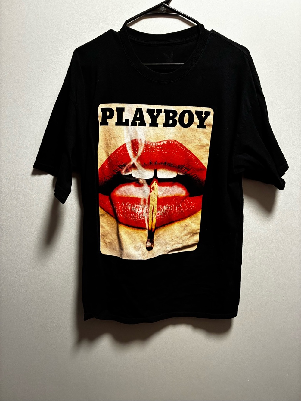 PLAYBOY Black Tee with Red Lips Graphic